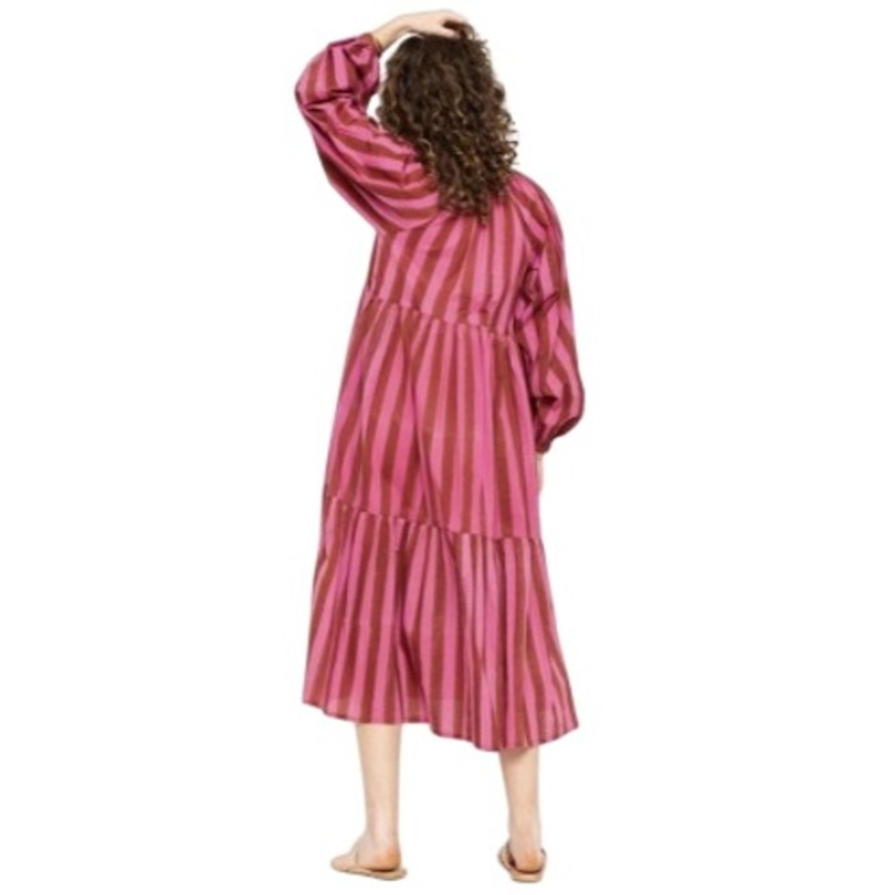 Matta Midi Dress Tiered Pink Red Stripe Long Sleeve Boho Vacation Resort Large - Picture 4 of 8